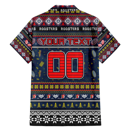 Personalized Roosters Rugby Xmas Family Matching Off The Shoulder Long Sleeve Dress and Hawaiian Shirt Australia NRL Mascot