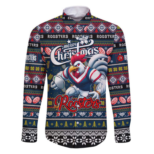 Personalized Roosters Rugby Xmas Family Matching Off The Shoulder Long Sleeve Dress and Hawaiian Shirt Australia NRL Mascot