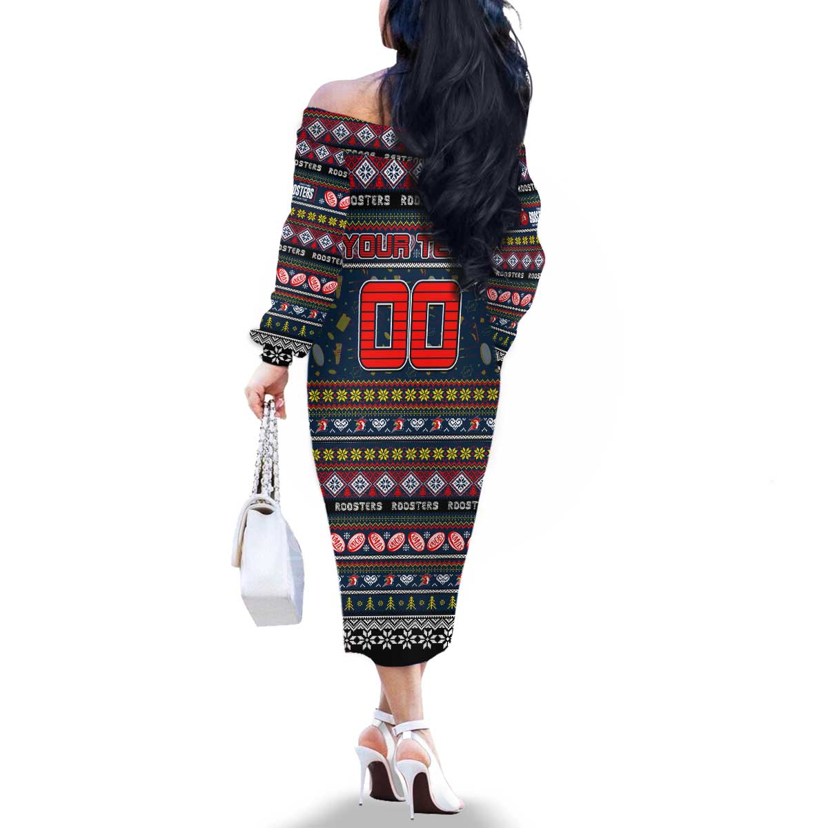 Personalized Roosters Rugby Xmas Family Matching Off The Shoulder Long Sleeve Dress and Hawaiian Shirt Australia NRL Mascot