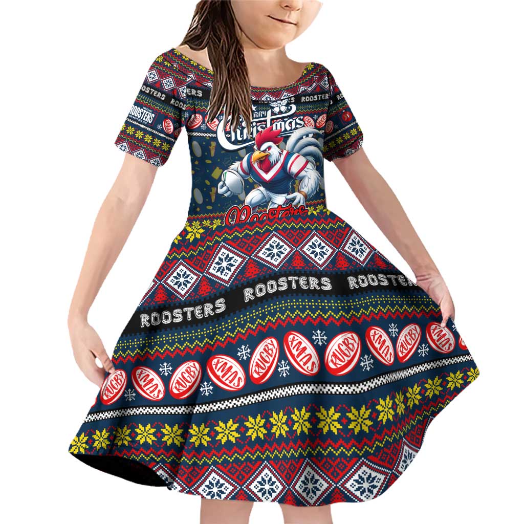 Personalized Roosters Rugby Xmas Family Matching Off Shoulder Short Dress and Hawaiian Shirt Australia NRL Mascot