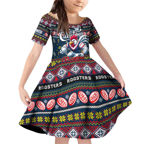Personalized Roosters Rugby Xmas Family Matching Off Shoulder Short Dress and Hawaiian Shirt Australia NRL Mascot