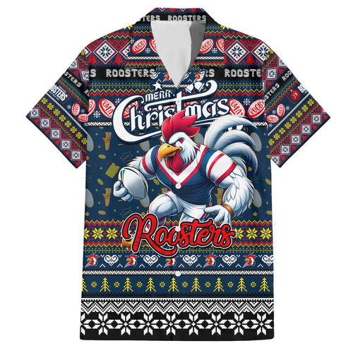 Personalized Roosters Rugby Xmas Family Matching Off Shoulder Short Dress and Hawaiian Shirt Australia NRL Mascot