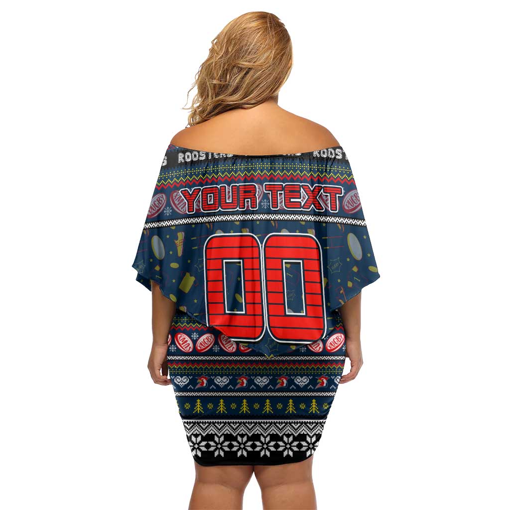 Personalized Roosters Rugby Xmas Family Matching Off Shoulder Short Dress and Hawaiian Shirt Australia NRL Mascot
