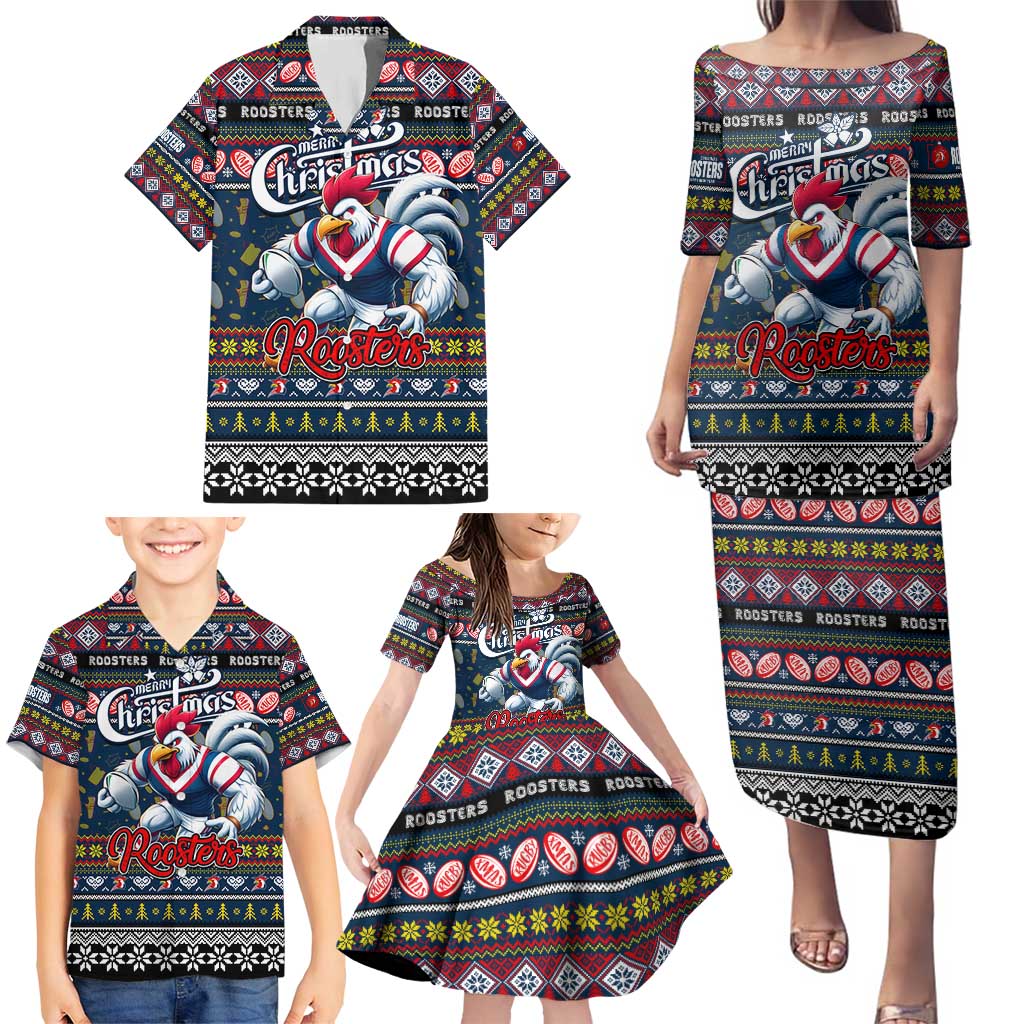 Personalized Roosters Rugby Xmas Family Matching Puletasi and Hawaiian Shirt Australia NRL Mascot