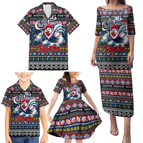 Personalized Roosters Rugby Xmas Family Matching Puletasi and Hawaiian Shirt Australia NRL Mascot