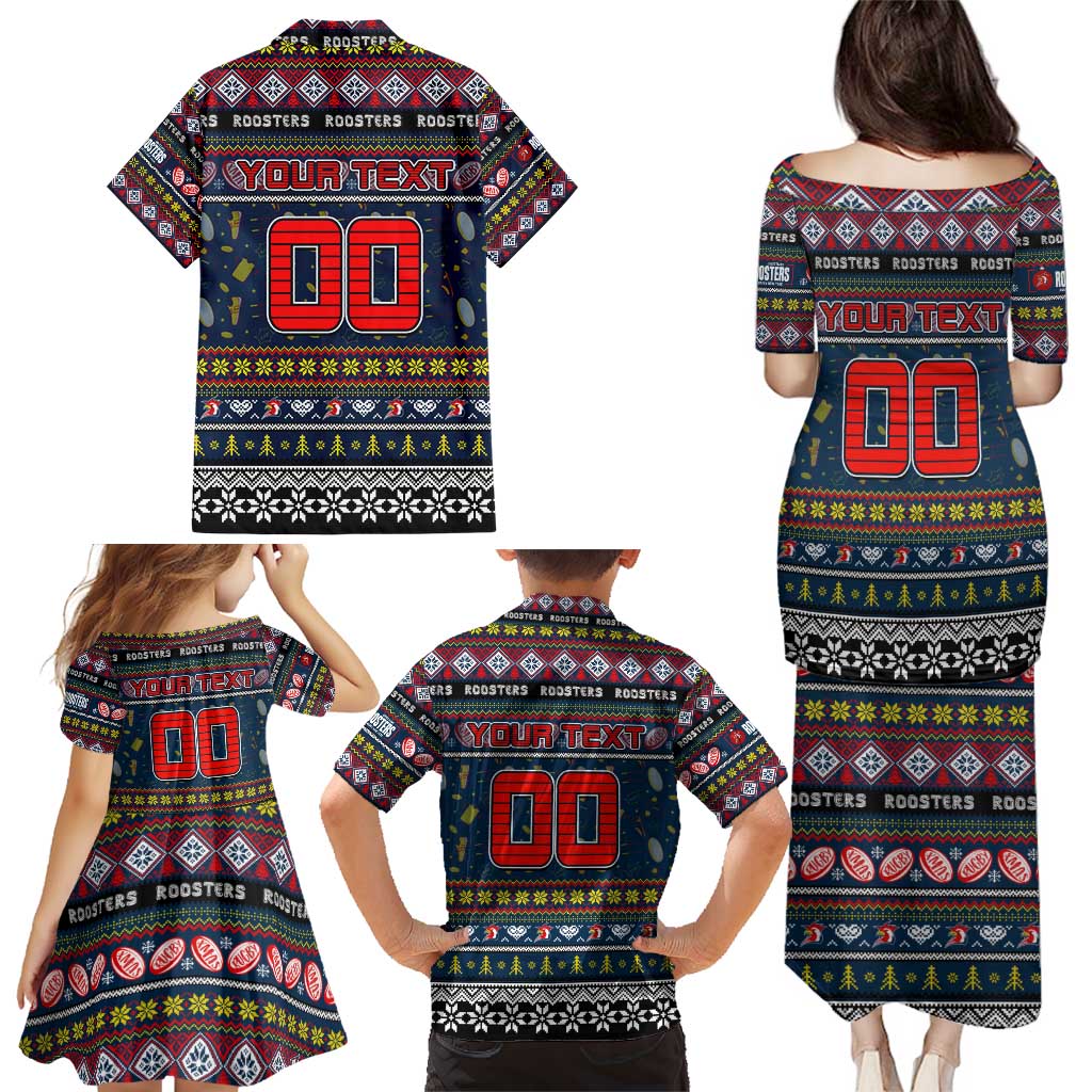 Personalized Roosters Rugby Xmas Family Matching Puletasi and Hawaiian Shirt Australia NRL Mascot