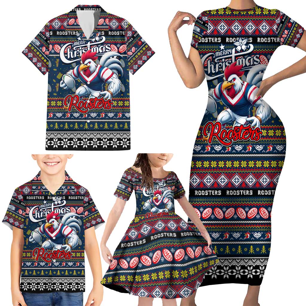 Personalized Roosters Rugby Xmas Family Matching Short Sleeve Bodycon Dress and Hawaiian Shirt Australia NRL Mascot