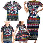 Personalized Roosters Rugby Xmas Family Matching Short Sleeve Bodycon Dress and Hawaiian Shirt Australia NRL Mascot