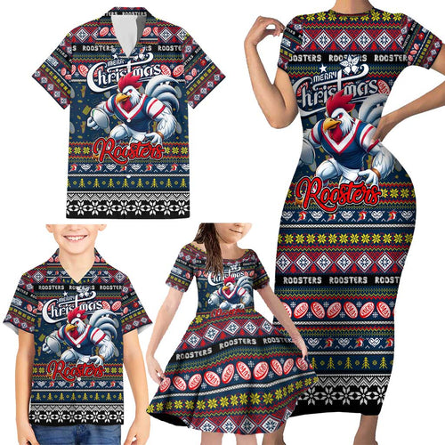 Personalized Roosters Rugby Xmas Family Matching Short Sleeve Bodycon Dress and Hawaiian Shirt Australia NRL Mascot