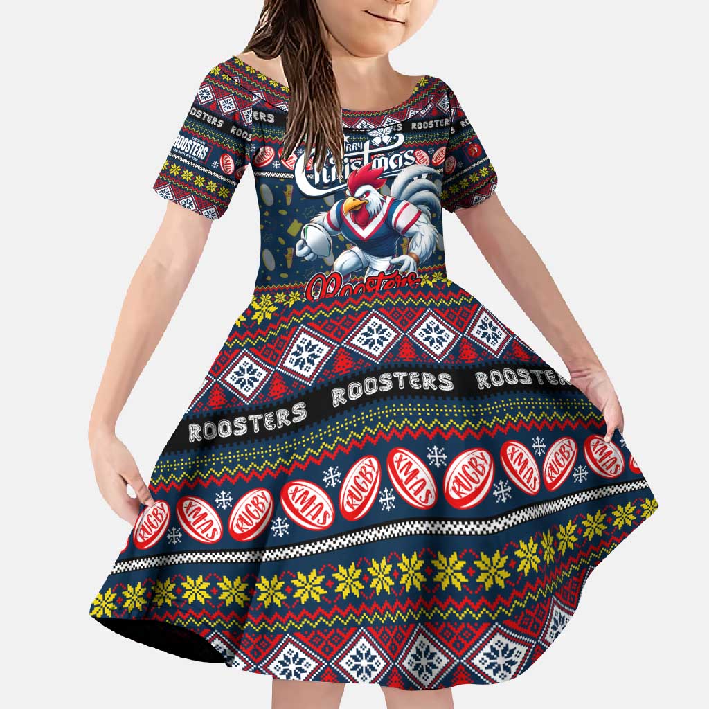 Personalized Roosters Rugby Xmas Family Matching Short Sleeve Bodycon Dress and Hawaiian Shirt Australia NRL Mascot