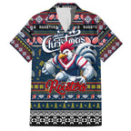 Personalized Roosters Rugby Xmas Family Matching Short Sleeve Bodycon Dress and Hawaiian Shirt Australia NRL Mascot