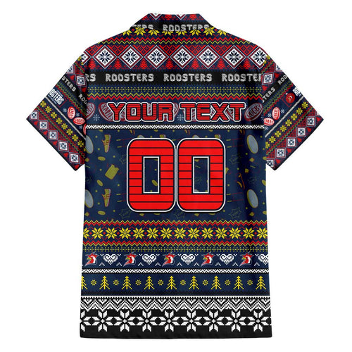 Personalized Roosters Rugby Xmas Family Matching Short Sleeve Bodycon Dress and Hawaiian Shirt Australia NRL Mascot