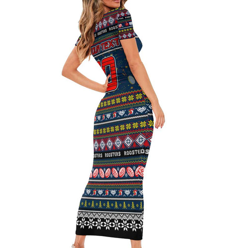 Personalized Roosters Rugby Xmas Family Matching Short Sleeve Bodycon Dress and Hawaiian Shirt Australia NRL Mascot