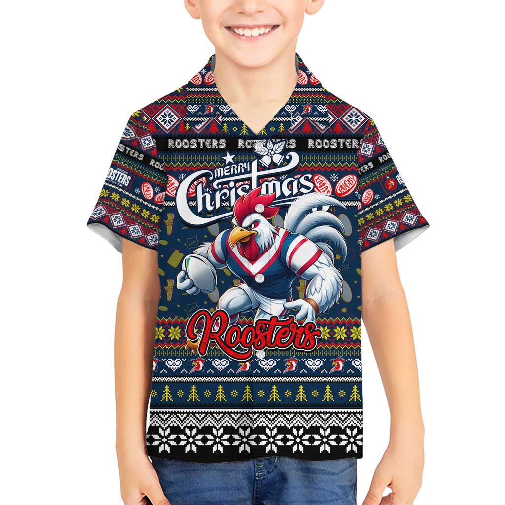 Personalized Roosters Rugby Xmas Family Matching Short Sleeve Bodycon Dress and Hawaiian Shirt Australia NRL Mascot