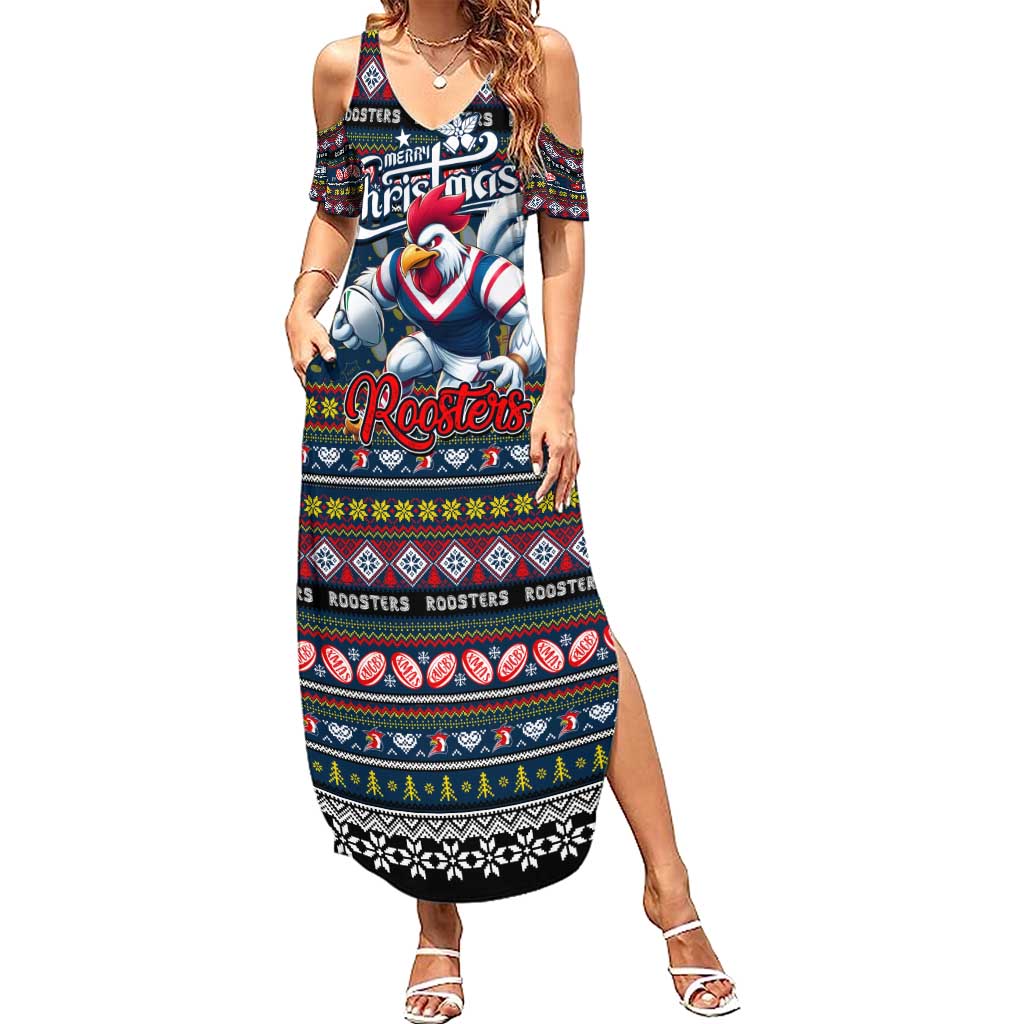 Personalized Roosters Rugby Xmas Family Matching Summer Maxi Dress and Hawaiian Shirt Australia NRL Mascot