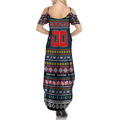 Personalized Roosters Rugby Xmas Family Matching Summer Maxi Dress and Hawaiian Shirt Australia NRL Mascot