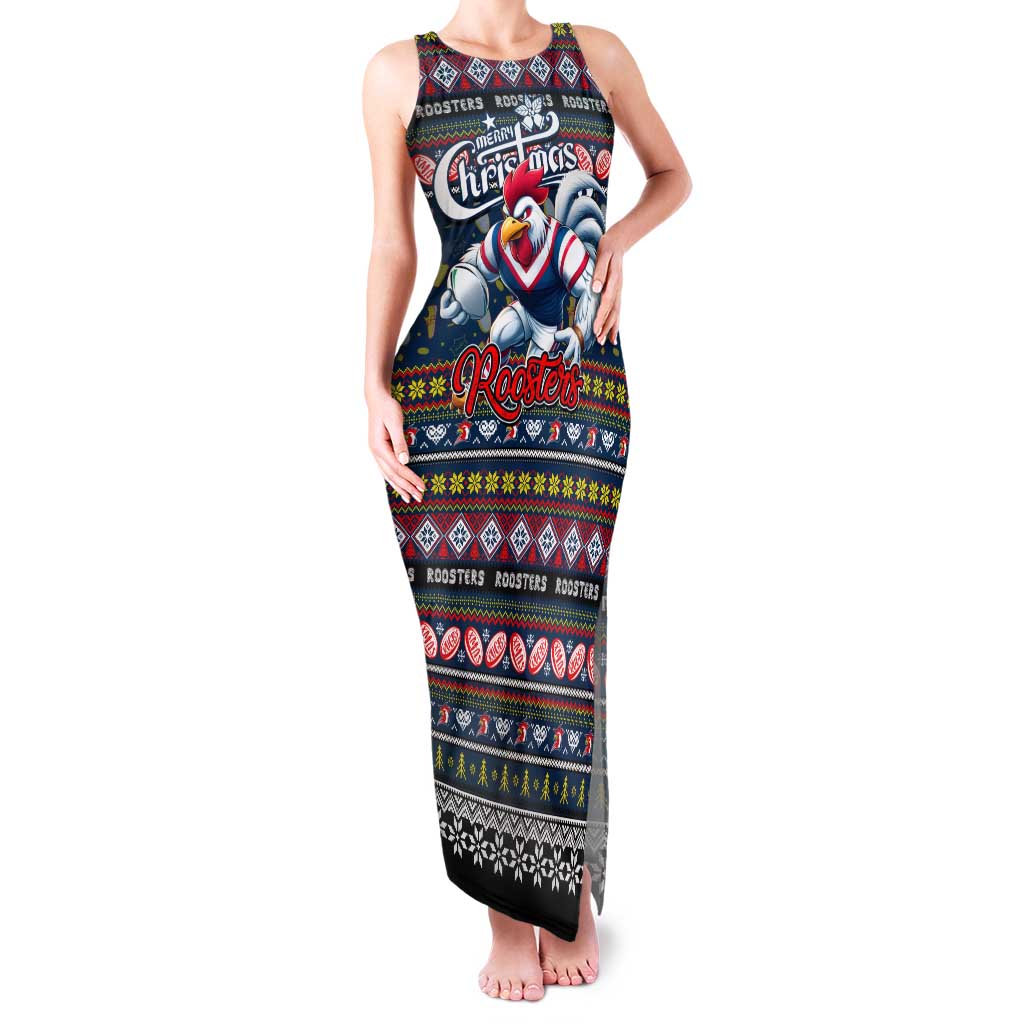 Personalized Roosters Rugby Xmas Family Matching Tank Maxi Dress and Hawaiian Shirt Australia NRL Mascot