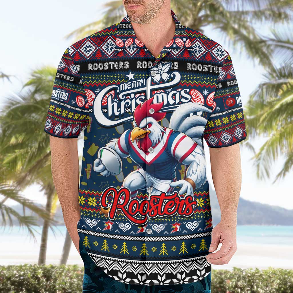 Personalized Roosters Rugby Xmas Hawaiian Shirt Australia NRL Mascot