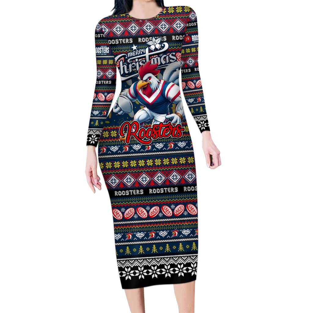 Personalized Roosters Rugby Xmas Long Sleeve Bodycon Dress Australia NRL Mascot