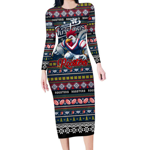 Personalized Roosters Rugby Xmas Long Sleeve Bodycon Dress Australia NRL Mascot