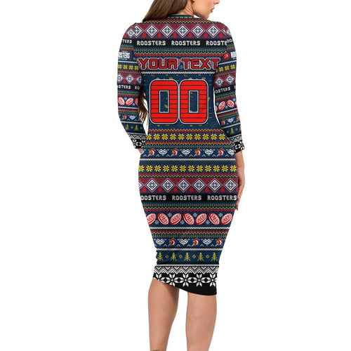 Personalized Roosters Rugby Xmas Long Sleeve Bodycon Dress Australia NRL Mascot