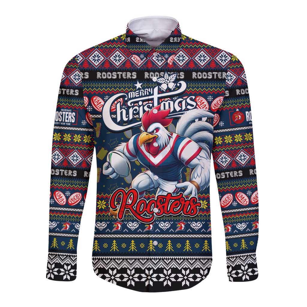 Personalized Roosters Rugby Xmas Long Sleeve Button Shirt Australia NRL Mascot