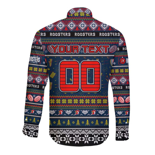 Personalized Roosters Rugby Xmas Long Sleeve Button Shirt Australia NRL Mascot