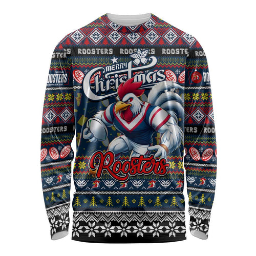 Personalized Roosters Rugby Xmas Long Sleeve Shirt Australia NRL Mascot