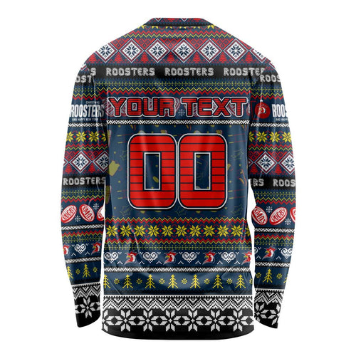 Personalized Roosters Rugby Xmas Long Sleeve Shirt Australia NRL Mascot