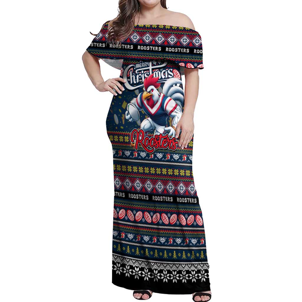 Personalized Roosters Rugby Xmas Off Shoulder Maxi Dress Australia NRL Mascot