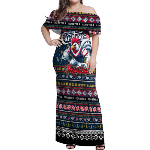 Personalized Roosters Rugby Xmas Off Shoulder Maxi Dress Australia NRL Mascot