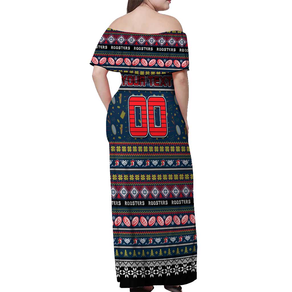 Personalized Roosters Rugby Xmas Off Shoulder Maxi Dress Australia NRL Mascot