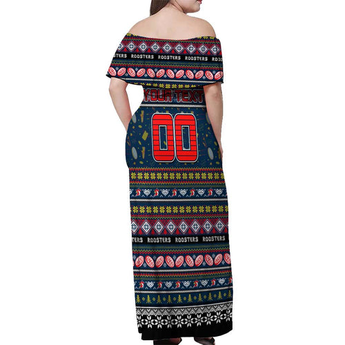 Personalized Roosters Rugby Xmas Off Shoulder Maxi Dress Australia NRL Mascot