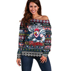 Personalized Roosters Rugby Xmas Off Shoulder Sweater Australia NRL Mascot