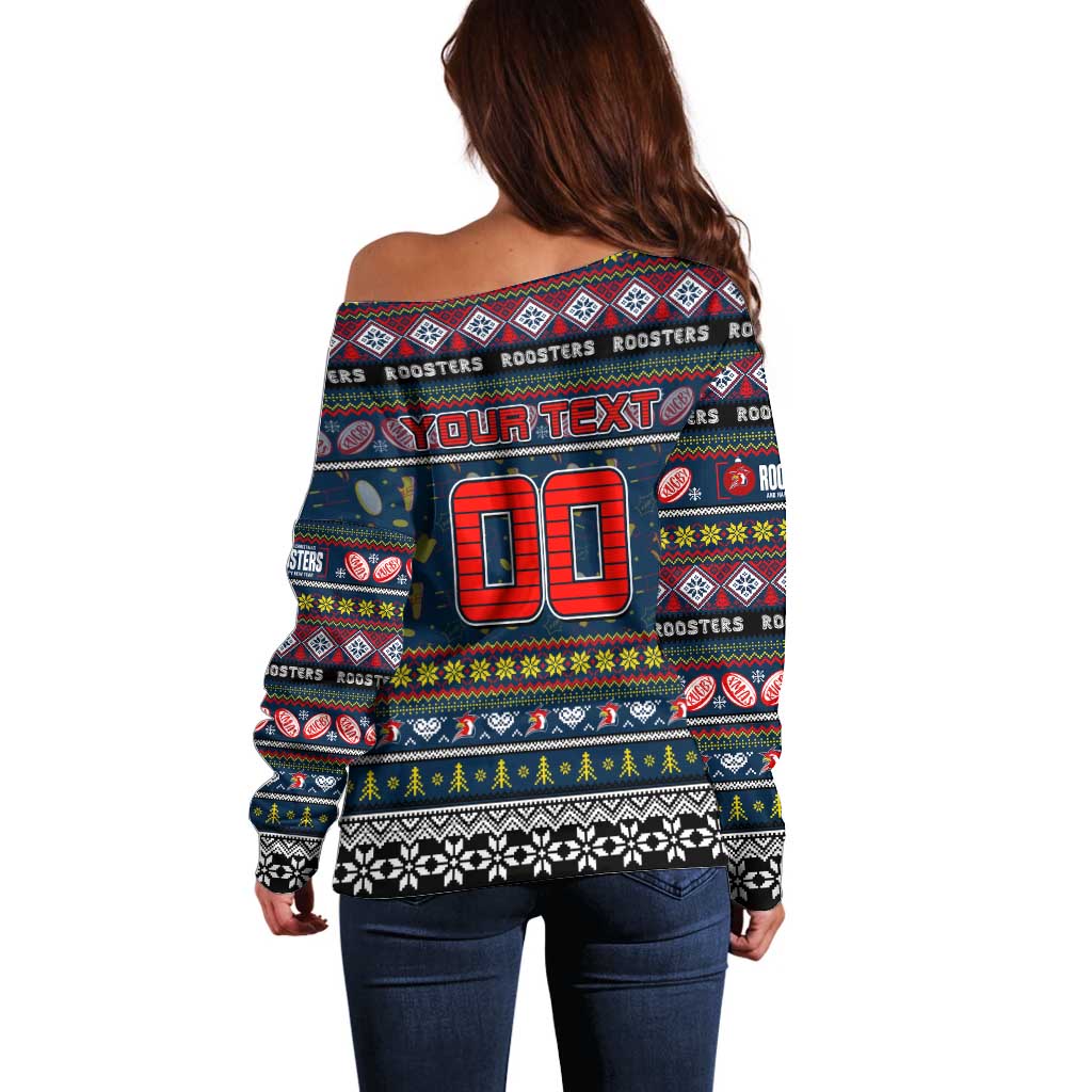 Personalized Roosters Rugby Xmas Off Shoulder Sweater Australia NRL Mascot