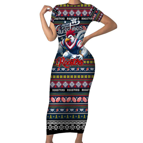 Personalized Roosters Rugby Xmas Short Sleeve Bodycon Dress Australia NRL Mascot