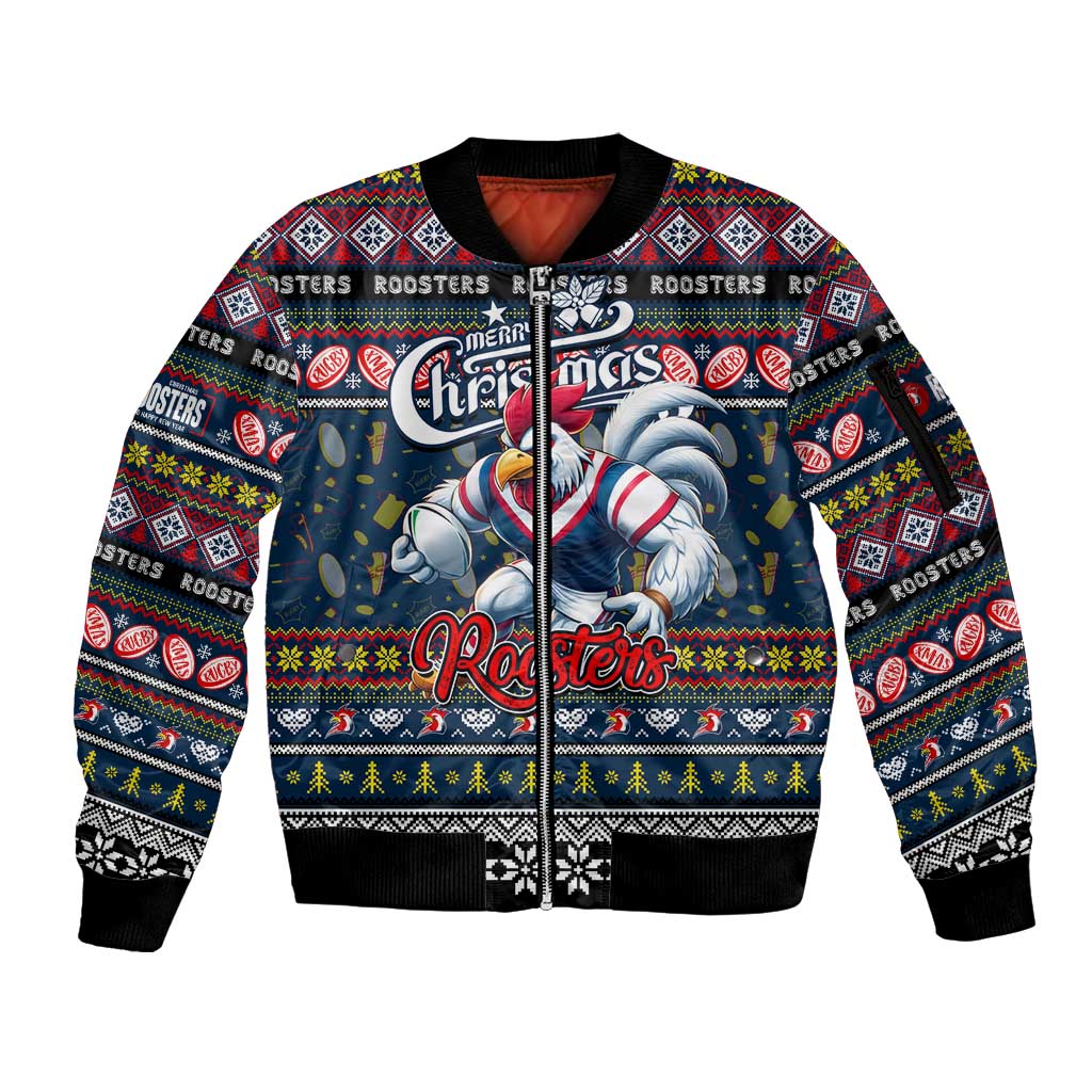 Personalized Roosters Rugby Xmas Sleeve Zip Bomber Jacket Australia NRL Mascot