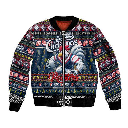 Personalized Roosters Rugby Xmas Sleeve Zip Bomber Jacket Australia NRL Mascot