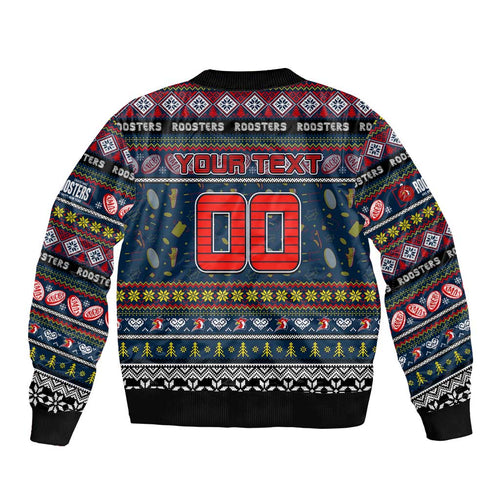 Personalized Roosters Rugby Xmas Sleeve Zip Bomber Jacket Australia NRL Mascot