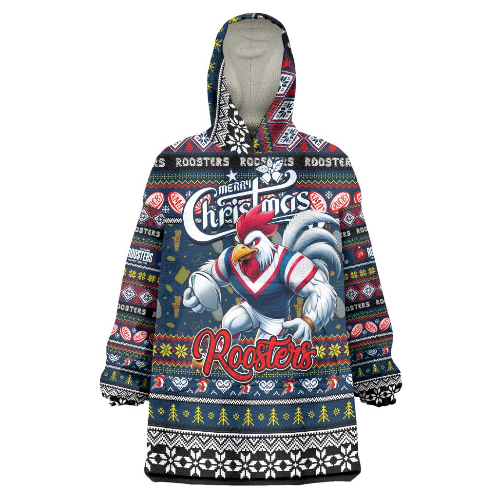 Personalized Roosters Rugby Xmas Wearable Blanket Hoodie Australia NRL Mascot