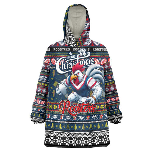 Personalized Roosters Rugby Xmas Wearable Blanket Hoodie Australia NRL Mascot