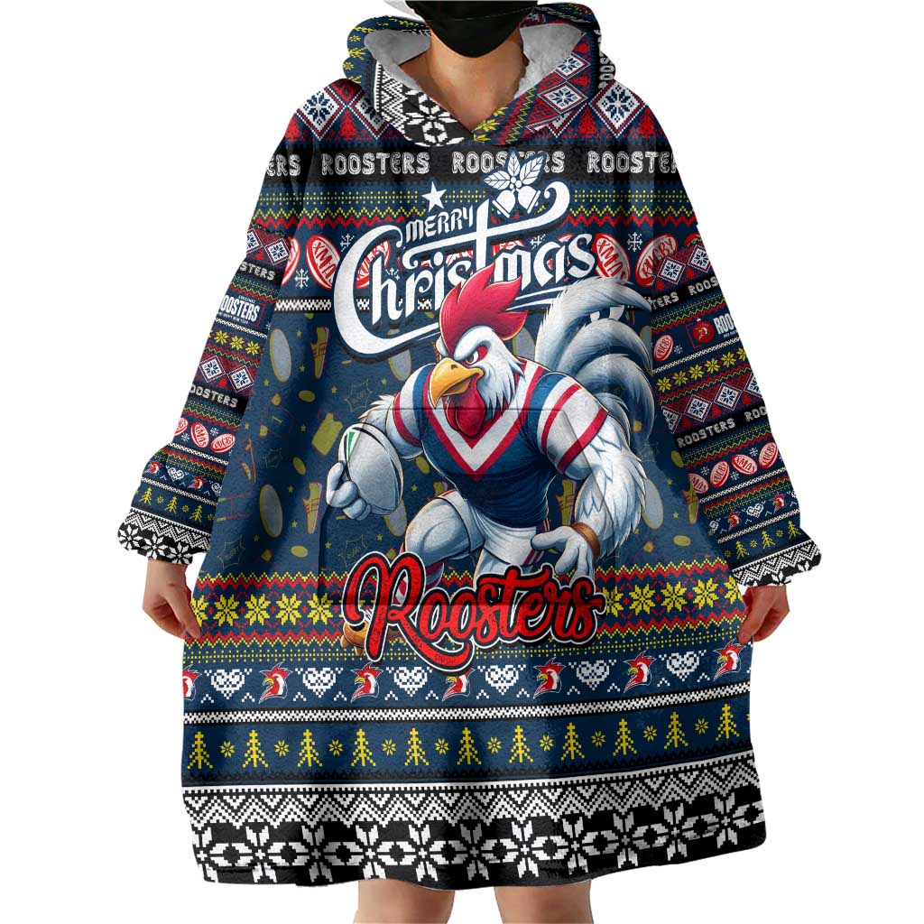 Personalized Roosters Rugby Xmas Wearable Blanket Hoodie Australia NRL Mascot