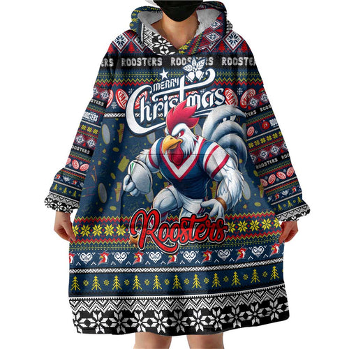 Personalized Roosters Rugby Xmas Wearable Blanket Hoodie Australia NRL Mascot