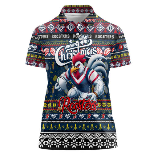 Personalized Roosters Rugby Xmas Women Polo Shirt Australia NRL Mascot