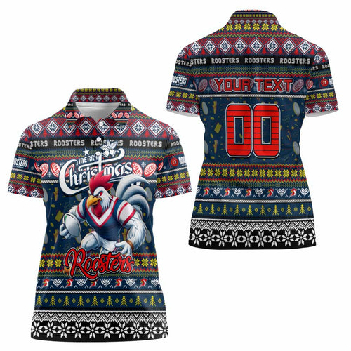 Personalized Roosters Rugby Xmas Women Polo Shirt Australia NRL Mascot