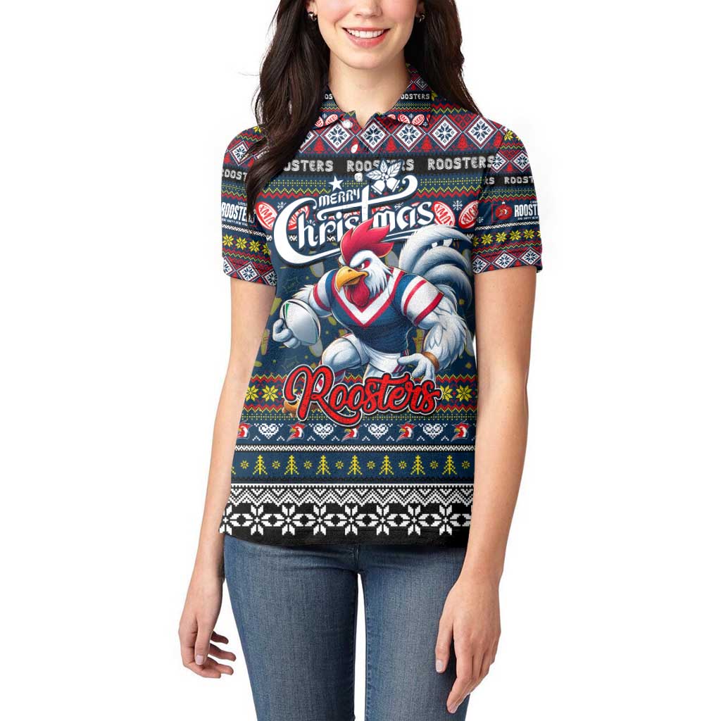 Personalized Roosters Rugby Xmas Women Polo Shirt Australia NRL Mascot