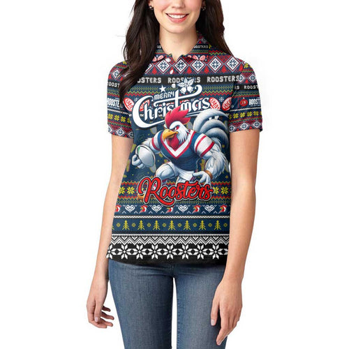 Personalized Roosters Rugby Xmas Women Polo Shirt Australia NRL Mascot