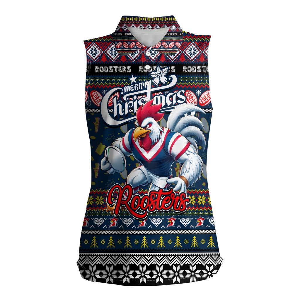 Personalized Roosters Rugby Xmas Women Sleeveless Polo Shirt Australia NRL Mascot