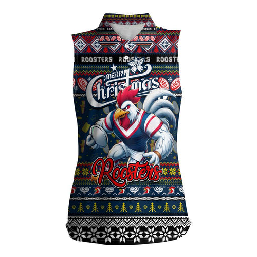 Personalized Roosters Rugby Xmas Women Sleeveless Polo Shirt Australia NRL Mascot