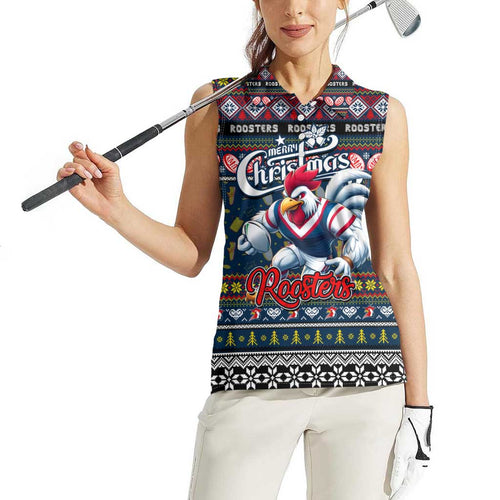 Personalized Roosters Rugby Xmas Women Sleeveless Polo Shirt Australia NRL Mascot